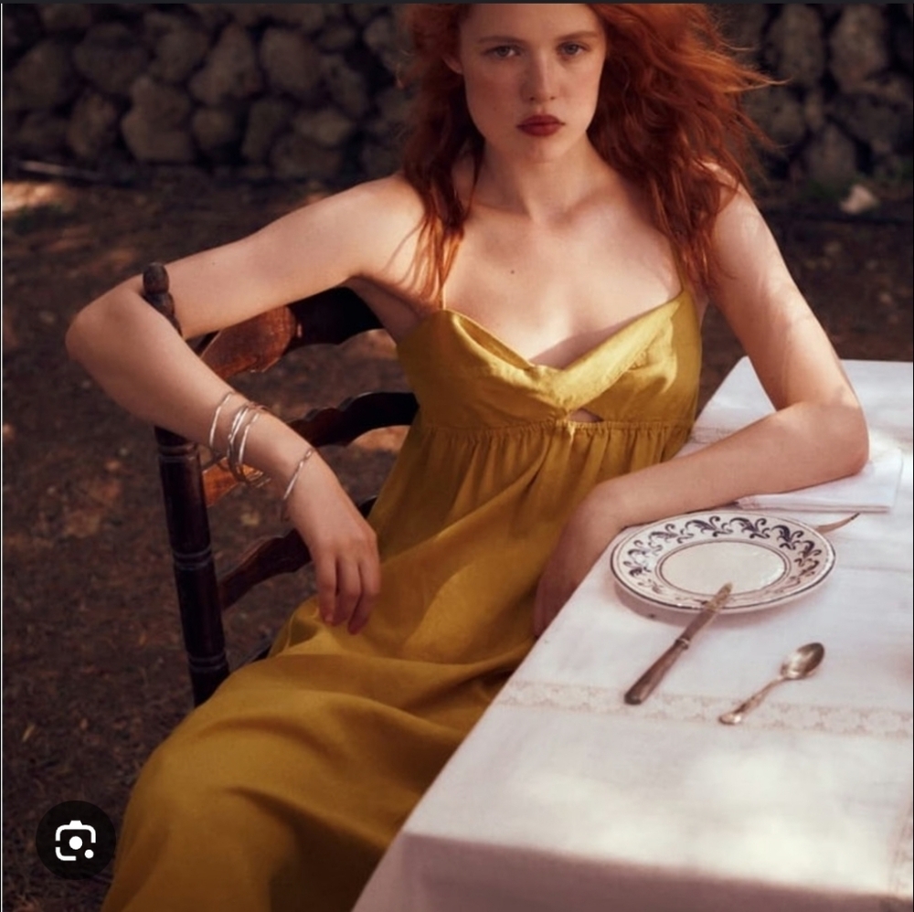 Zara Strappy Linen Blend Mustard Yellow Midi Dress Size XS - Picture 2 of 9